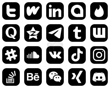 Illustration for 20 Simple White Social Media Icons on Black Background such as wattpad. quora and messenger icons. Minimalist and professional - Royalty Free Image