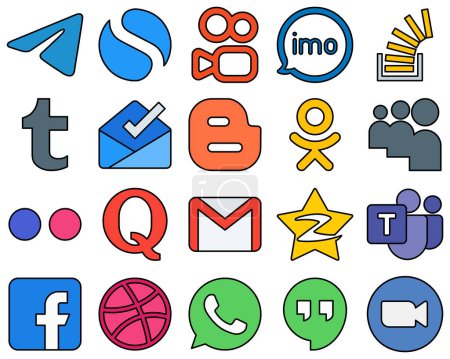 Illustration for 20 Exceptionally-Designed Line Filled Social Media Icons such as odnoklassniki. blogger. inbox and overflow Professional and high-quality - Royalty Free Image