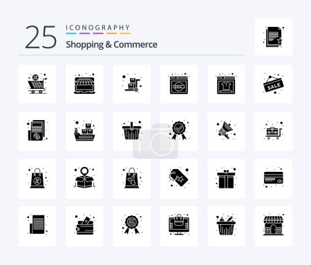 Ilustración de Shopping And Commerce 25 Solid Glyph icon pack including world wide web. network domain. store. explorer. luggage trolley - Imagen libre de derechos