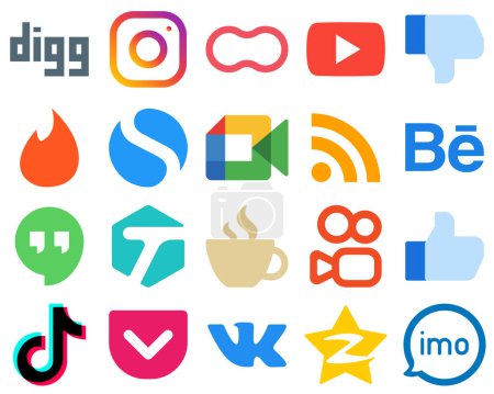 Illustration for 20 Contemporary and Clean Flat Social Media Icons feed. video. video and simple icons. Gradient Icon Pack - Royalty Free Image