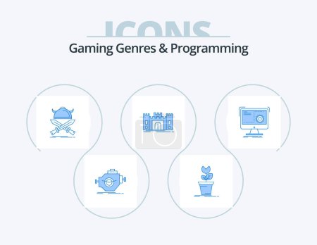 Téléchargez les illustrations : Gaming Genres And Programming Blue Icon Pack 5 Icon Design. fort. castle. obstacle. swords. viking - en licence libre de droit