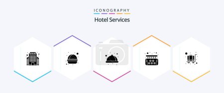 Téléchargez les illustrations : Hotel Services 25 Glyph icon pack including cart. luxury. food. hotel. board - en licence libre de droit
