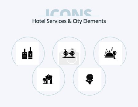 Téléchargez les illustrations : Hotel Services And City Elements Glyph Icon Pack 5 Icon Design. hotel . bike. alcohol. exercise. bicycle - en licence libre de droit