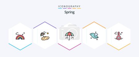 Téléchargez les illustrations : Spring 25 FilledLine icon pack including thermometer. spring. umbrella. fly. animal - en licence libre de droit