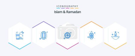 Illustration for Islam And Ramadan 25 Blue icon pack including light. fire. kaaba. candle. lantern - Royalty Free Image