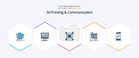 Illustration for 3d Printing And Communication 25 FilledLine icon pack including machine. 3d. production. hub. connection - Royalty Free Image