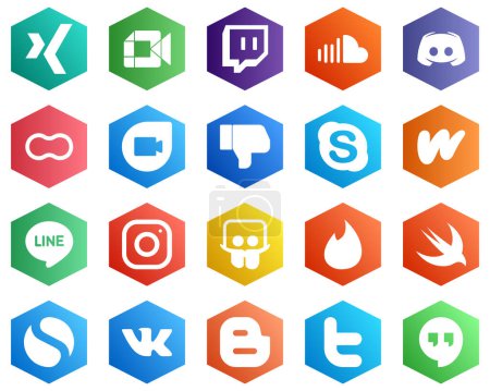 Illustration for 25 White Hexagon Flat Color Icons such as facebook. google duo. discord. women and peanut icons. Business and Marketing - Royalty Free Image