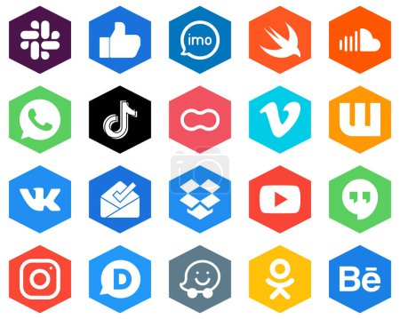 Illustration for 20 Minimalistic White Icons peanut. china. soundcloud. video and tiktok Hexagon Flat Color Backgrounds - Royalty Free Image