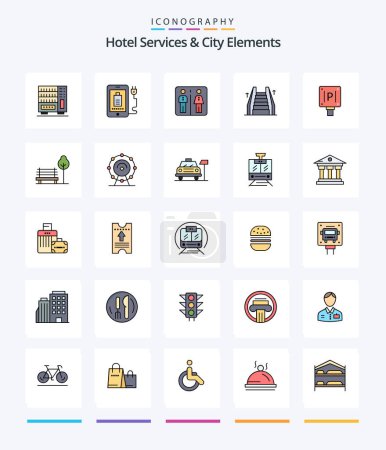 Téléchargez les illustrations : Creative Hotel Services And City Elements 25 Line FIlled icon pack  Such As board. ladder. down. electric. stair - en licence libre de droit