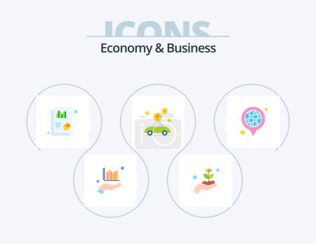 Illustration for Economy And Business Flat Icon Pack 5 Icon Design. global. money. chart. investment. car - Royalty Free Image