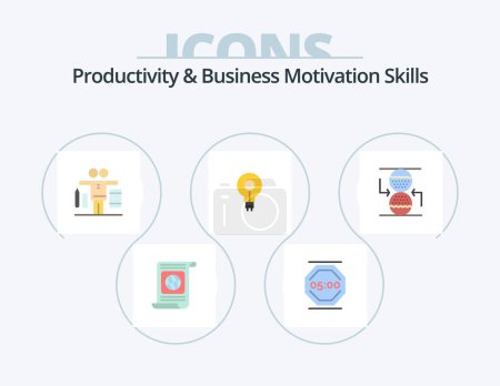 Illustration for Productivity And Business Motivation Skills Flat Icon Pack 5 Icon Design. insight. glow. work. bulb. play - Royalty Free Image