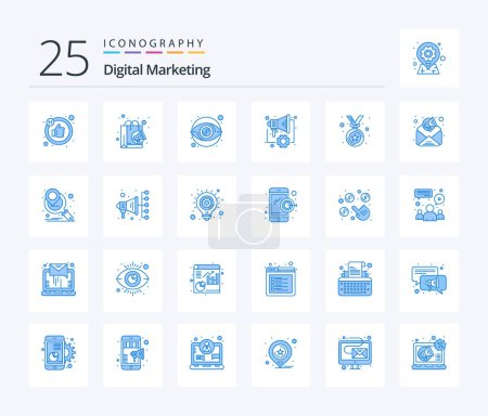 Téléchargez les illustrations : Digital Marketing 25 Blue Color icon pack including winner. award. view. speaker. digital - en licence libre de droit