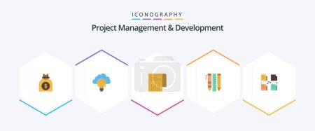 Téléchargez les illustrations : Project Management And Development 25 Flat icon pack including pen. stationary. success. essential tools. report - en licence libre de droit