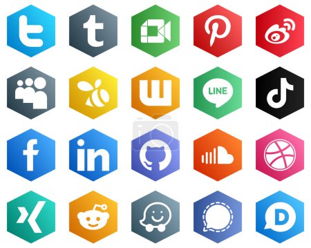 Illustration for 25 Fresh White Icons such as video. tiktok. sina. line and swarm icons. Hexagon Flat Color Backgrounds - Royalty Free Image
