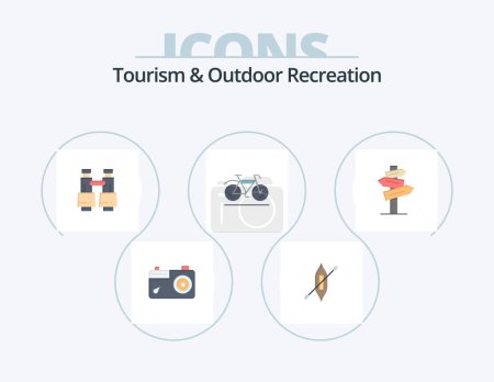 Illustration for Tourism And Outdoor Recreation Flat Icon Pack 5 Icon Design. hotel. sport. binoculars. walk. bicycle - Royalty Free Image