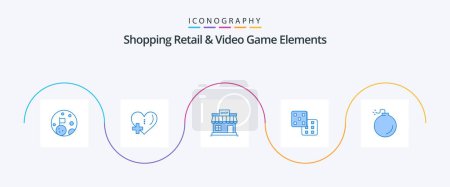 Téléchargez les illustrations : Shoping Retail And Video Game Elements Blue 5 Icon Pack Including explosive. probability. shop. gaming. market - en licence libre de droit