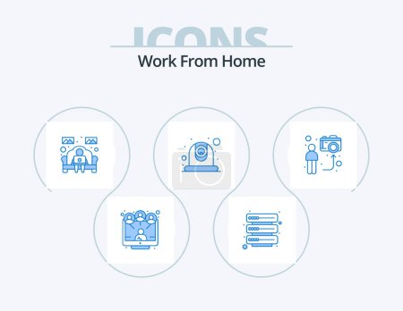 Téléchargez les illustrations : Work From Home Blue Icon Pack 5 Icon Design. camera. communication. sofa. webcam. camera - en licence libre de droit