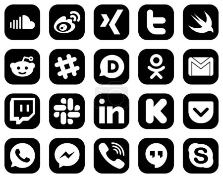 Ilustración de 20 Simple White Social Media Icons on Black Background such as mail. gmail. twitter. odnoklassniki and spotify icons. Fully customizable and professional - Imagen libre de derechos