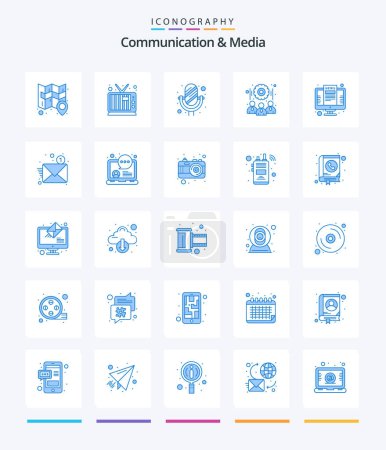 Téléchargez les illustrations : Creative Communication And Media 25 Blue icon pack  Such As news. computer. microphone. teamwork. people - en licence libre de droit