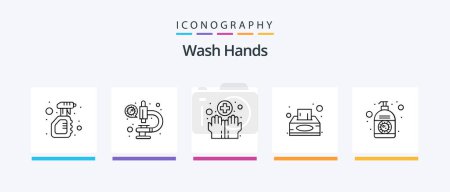 Téléchargez les illustrations : Wash Hands Line 5 Icon Pack Including soap. medical. care. hygiene. tissue box. Creative Icons Design - en licence libre de droit