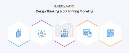 Illustration for Design Thinking And D Printing Modeling 25 Blue icon pack including cons. calculatre. user. education. computer - Royalty Free Image