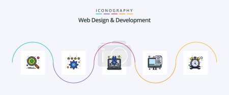 Téléchargez les illustrations : Web Design And Development Line Filled Flat 5 Icon Pack Including stop. programming. creative. optimization. laptop - en licence libre de droit