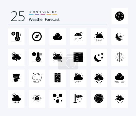Téléchargez les illustrations : Weather 25 Solid Glyph icon pack including cloud. moon. overcast. weather. cloud - en licence libre de droit