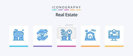 Ilustración de Real Estate Blue 5 Icon Pack Including estate. computer. key. estate. house. Creative Icons Design - Imagen libre de derechos