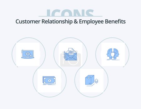 Téléchargez les illustrations : Customer Relationship And Employee Benefits Blue Icon Pack 5 Icon Design. face. letter. laptop. fax. mail - en licence libre de droit
