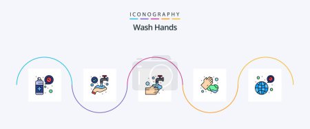 Téléchargez les illustrations : Wash Hands Line Filled Flat 5 Icon Pack Including worldwide. medical. hands. hands. bubble - en licence libre de droit