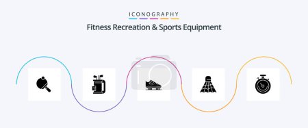 Téléchargez les illustrations : Fitness Recreation And Sports Equipment Glyph 5 Icon Pack Including game. shuttlecock. stick. badminton. skates - en licence libre de droit