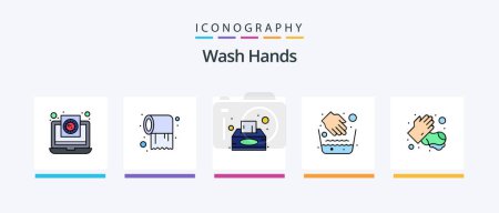 Téléchargez les illustrations : Wash Hands Line Filled 5 Icon Pack Including lotion. tissue. virus. napkin. washing. Creative Icons Design - en licence libre de droit