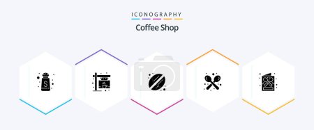 Téléchargez les illustrations : Coffee Shop 25 Glyph icon pack including drink. coffee. coffee. utensils. shop - en licence libre de droit