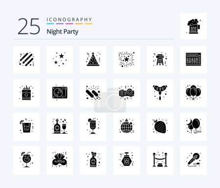 Téléchargez les illustrations : Night Party 25 Solid Glyph icon pack including party. stool. hat. night party. firework - en licence libre de droit