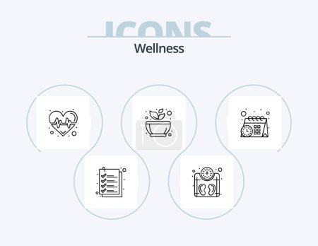 Ilustración de Wellness Line Icon Pack 5 Icon Design. . wellness leaf. skipping. spa. spa - Imagen libre de derechos