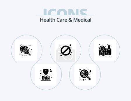 Téléchargez les illustrations : Health Care And Medical Glyph Icon Pack 5 Icon Design. bp gauge. tablet. checkup. pill. virus - en licence libre de droit