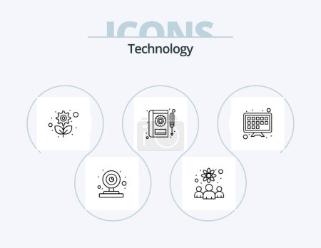 Ilustración de Technology Line Icon Pack 5 Icon Design. atm card. drone camera. video game. camera. scientists - Imagen libre de derechos