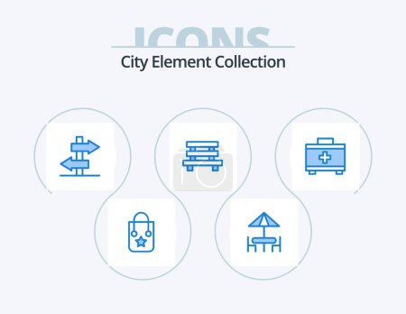 Ilustración de City Element Collection Blue Icon Pack 5 Icon Design. first aid. sitting. board. garden. city - Imagen libre de derechos