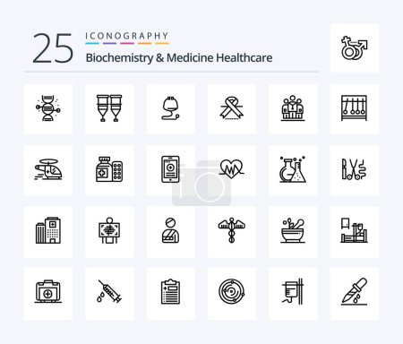 Téléchargez les illustrations : Biochemistry And Medicine Healthcare 25 Line icon pack including medical. ribbon. transfusion. oncology. stethoscope - en licence libre de droit