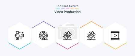 Illustration for Video Production 25 Line icon pack including film. camera. tape reel. tickets. movie tickets - Royalty Free Image