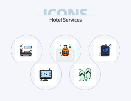 Téléchargez les illustrations : Hotel Services Line Filled Icon Pack 5 Icon Design. steaming. iron. beach. tv. screen - en licence libre de droit