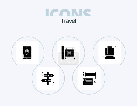 Ilustración de Travel Glyph Icon Pack 5 Icon Design. backpack. travel. credit. hotel sign. location - Imagen libre de derechos