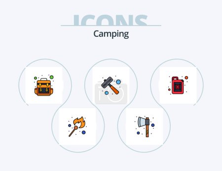 Ilustración de Camping Line Filled Icon Pack 5 Icon Design. tomahawk. axe. knot. hand watch. time - Imagen libre de derechos