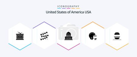 Illustration for Usa 25 Glyph icon pack including american. burger. building. helmet. american - Royalty Free Image