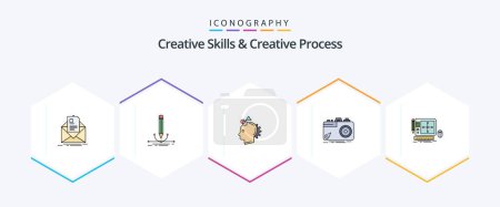 Téléchargez les illustrations : Creative Skills And Creative Process 25 FilledLine icon pack including capture. camera. graphic. process. imagine - en licence libre de droit