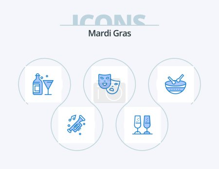 Illustration for Mardi Gras Blue Icon Pack 5 Icon Design. drum. theater. toasting. roles. wine - Royalty Free Image