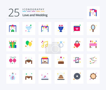 Téléchargez les illustrations : Wedding 25 Flat Color icon pack including calendar. present. entrance. flowers. flowers - en licence libre de droit