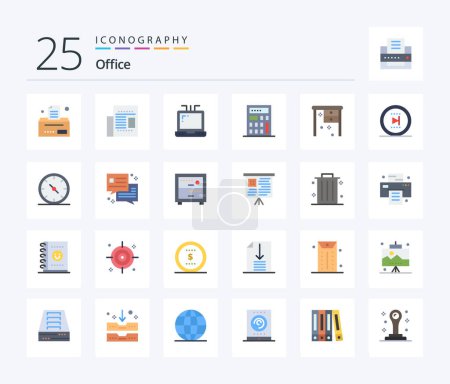 Ilustración de Office 25 Flat Color icon pack including onward. office. office. movie. office desk - Imagen libre de derechos