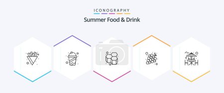 Téléchargez les illustrations : Summer Food and Drink 25 Line icon pack including beach. alcohol. honey. vegetable. fruits - en licence libre de droit
