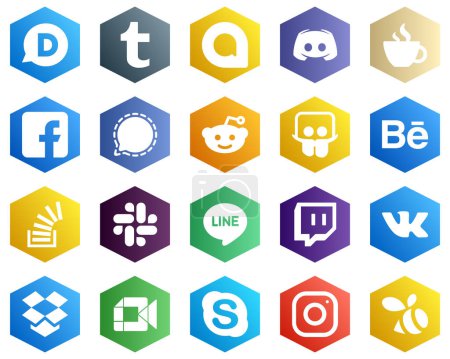 Illustration for Hexagon Flat Color White Icon Pack such as slideshare. streaming and mesenger icons. 25 Customizable Icons - Royalty Free Image
